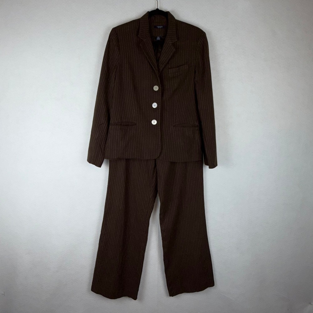 Chaps Pinstripe Suit Set Women 10 Brown 2 Piece Blazer Pants Dark Academia